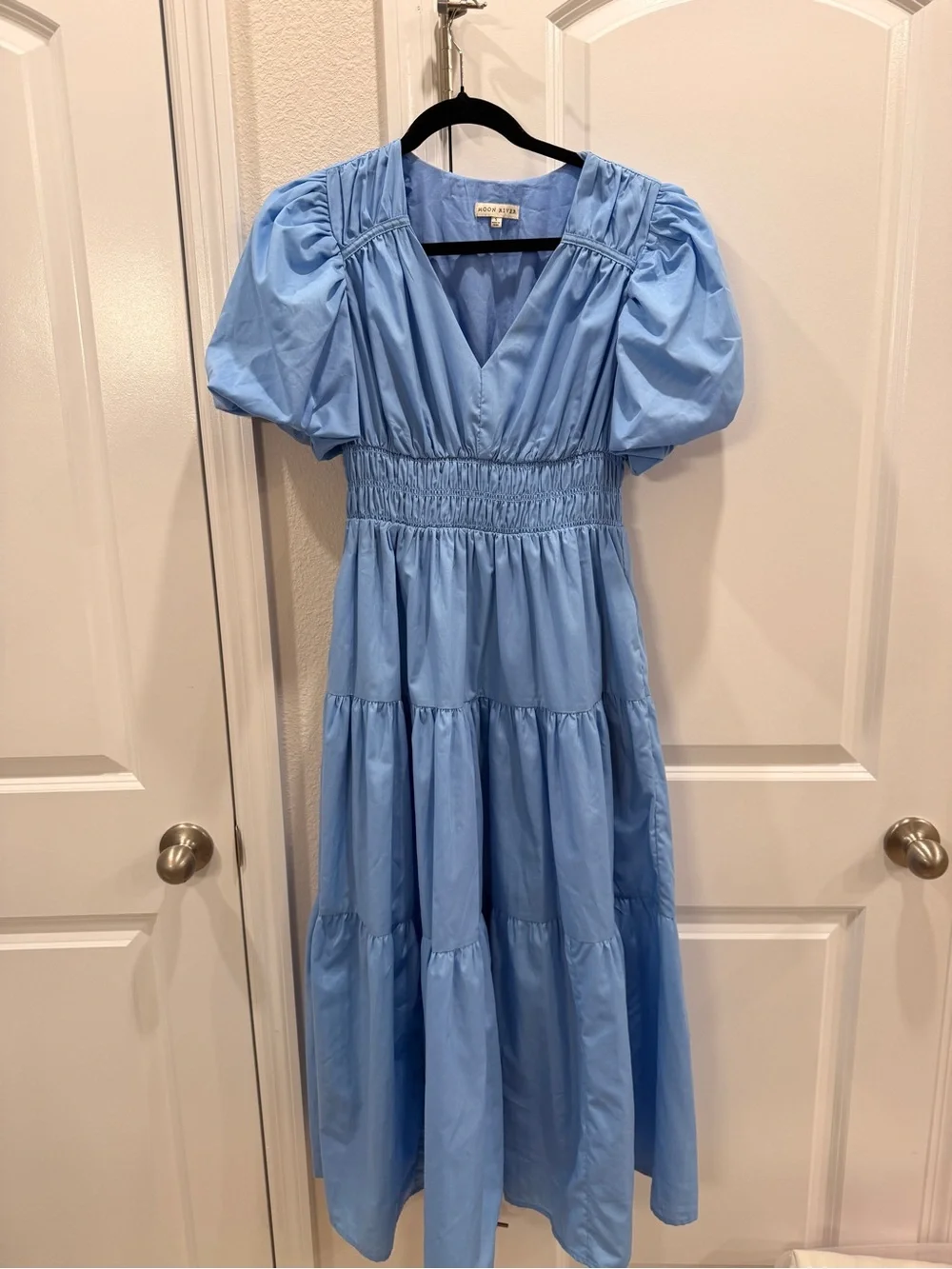 Moon River Anthropologie Light Blue Puff-Sleeve Tiered Midi Dress
